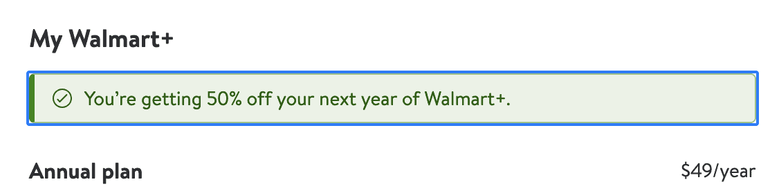 Walmart+ Renewal 50% off